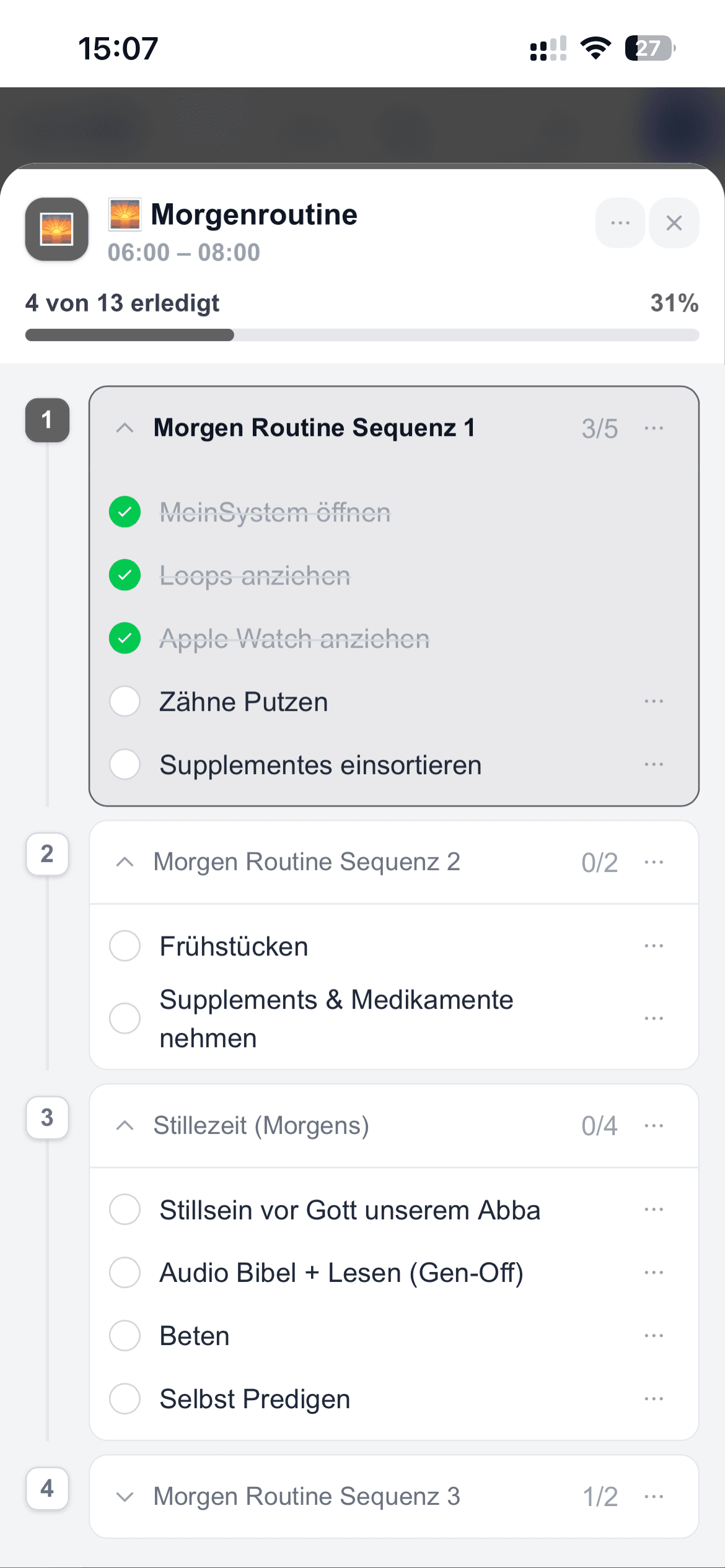 The meinsystem.app daily view with routines, appointments and todos