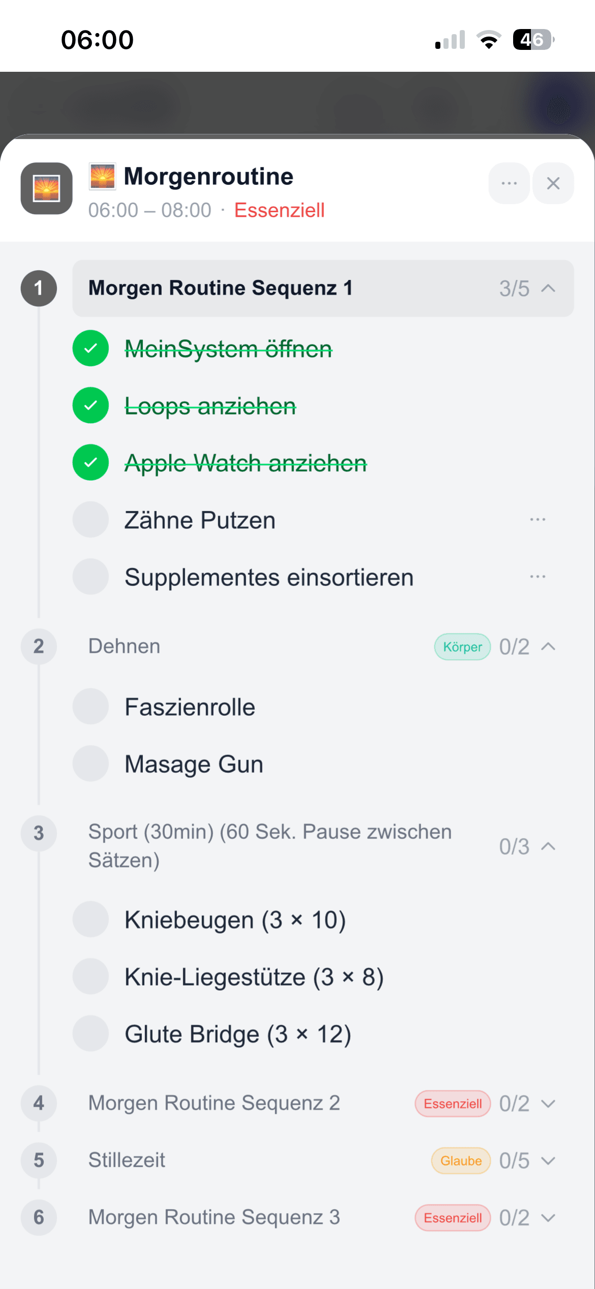 Eine weitere Ansicht von meinsystem.app mit dem persönlichen Alltagssystem