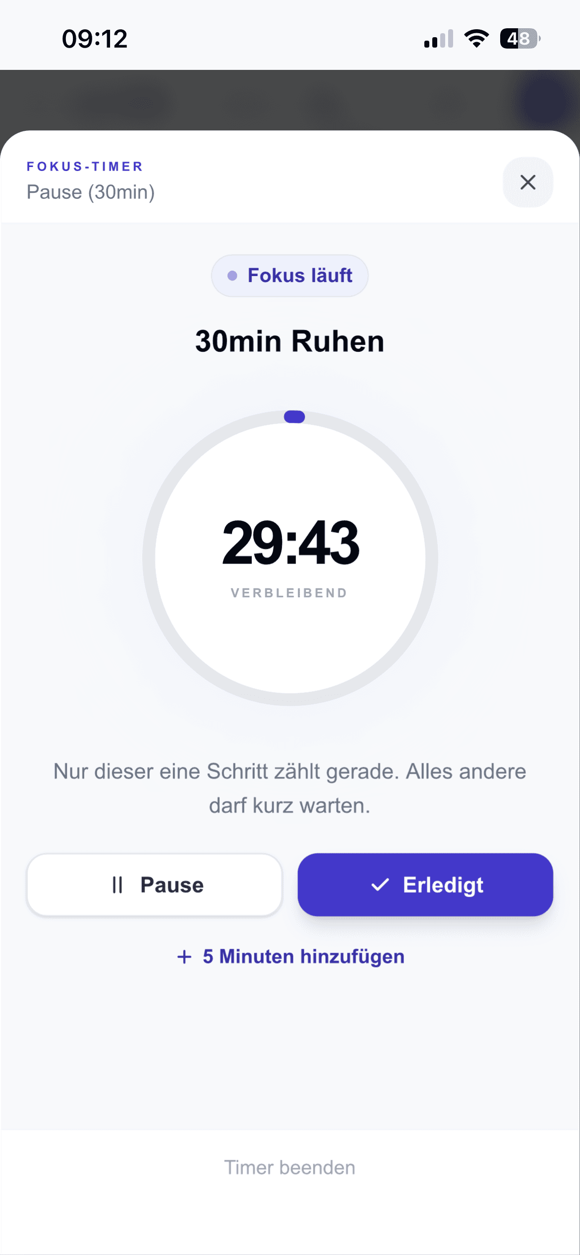 Der laufende Fokus-Timer von meinsystem.app mit verbleibender Fokuszeit