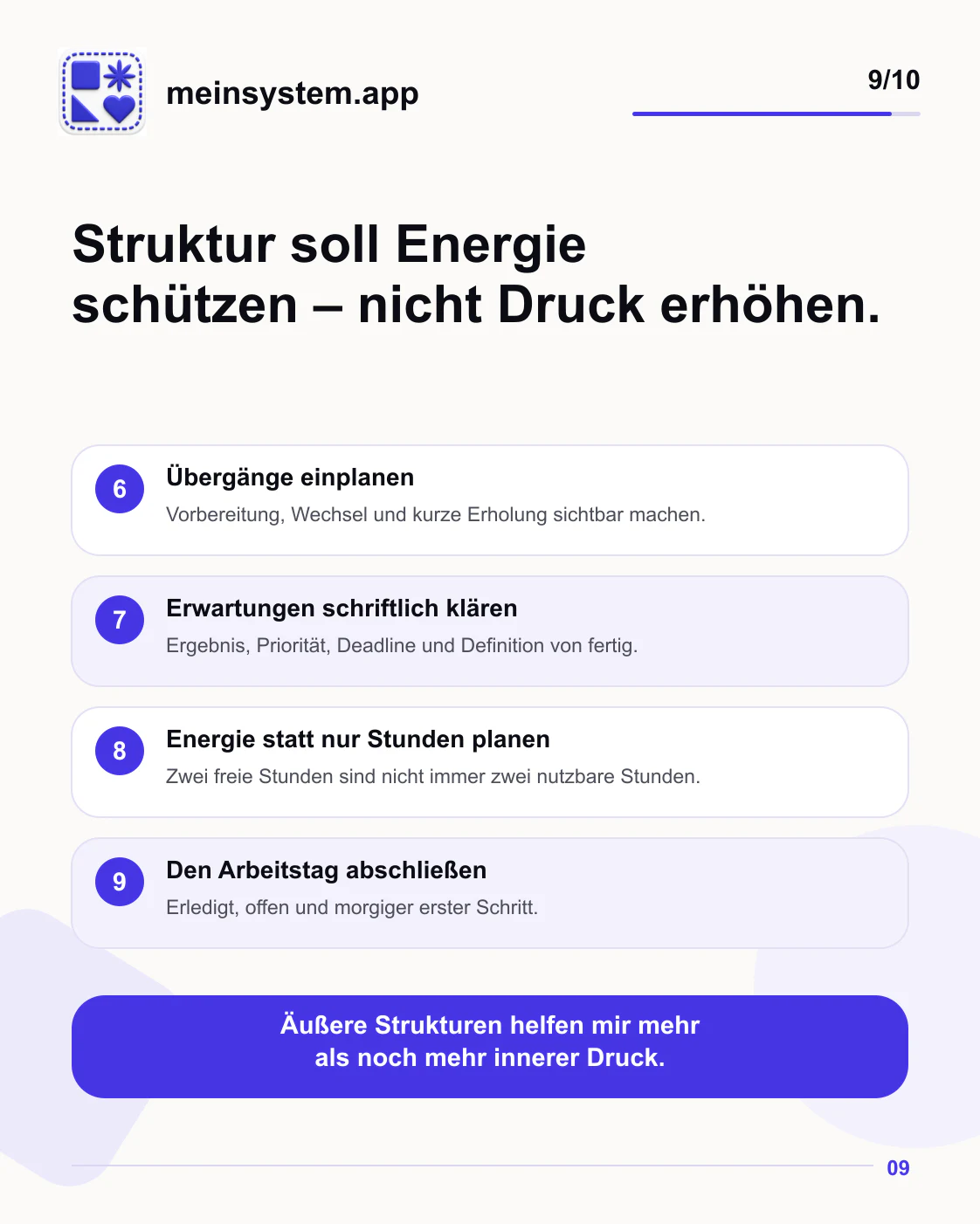 Vier weitere Strategien für Übergänge, schriftliche Erwartungen, Energieplanung und Feierabend
