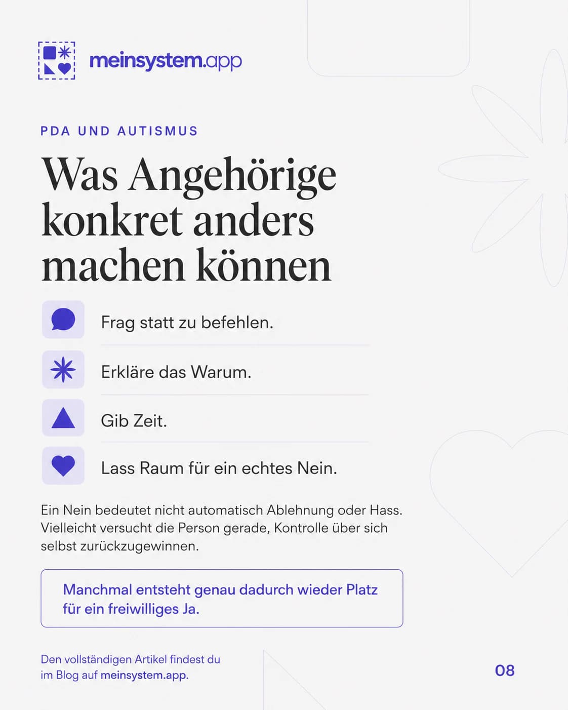 Angehörige können fragen statt befehlen, das Warum erklären, Zeit geben und ein Nein zulassen