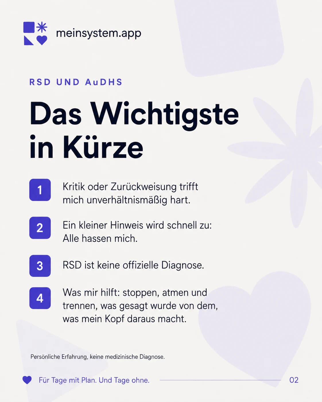 Das Wichtigste: Kritik trifft hart, mein Kopf verallgemeinert sie, und RSD ist keine offizielle Diagnose