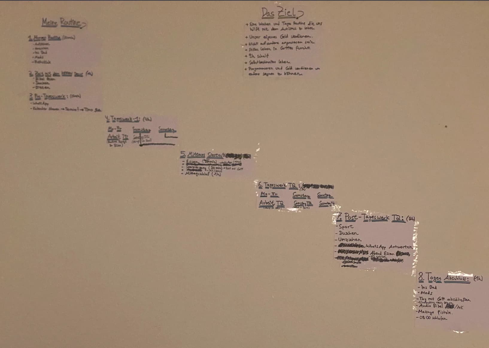 Las primeras rutinas y objetivos escritos a mano en mi pared
