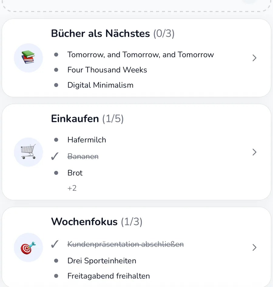 Aktueller Planen-Tab mit Routinen, Abläufen, Zielen und Listen