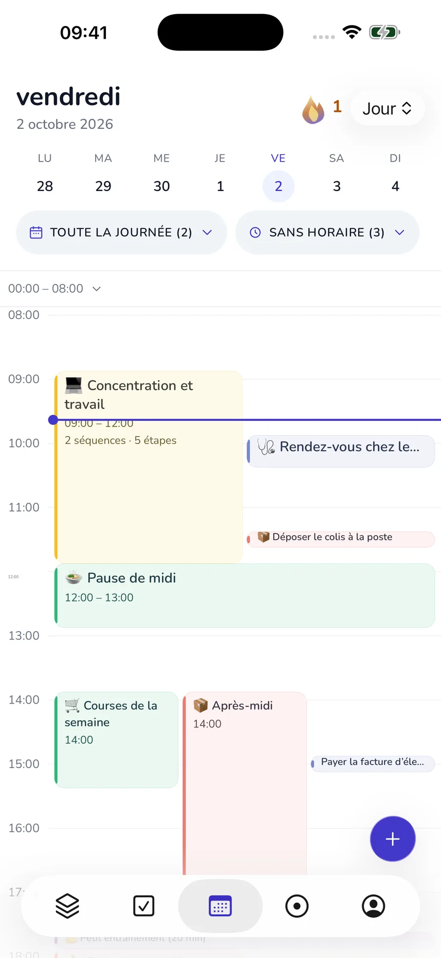 App TDAH meinsystem.app avec structure du jour, rendez-vous et tâches