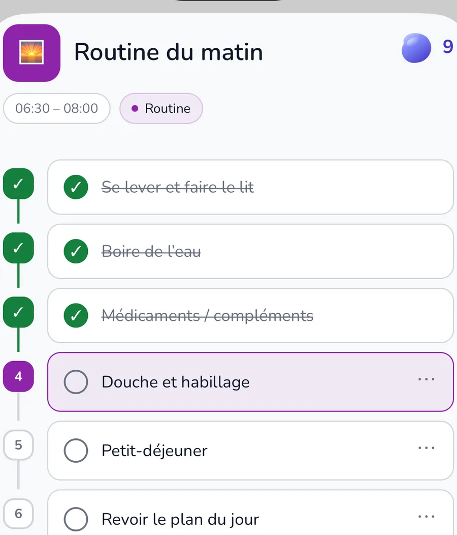 Routine du matin actuelle avec ses étapes