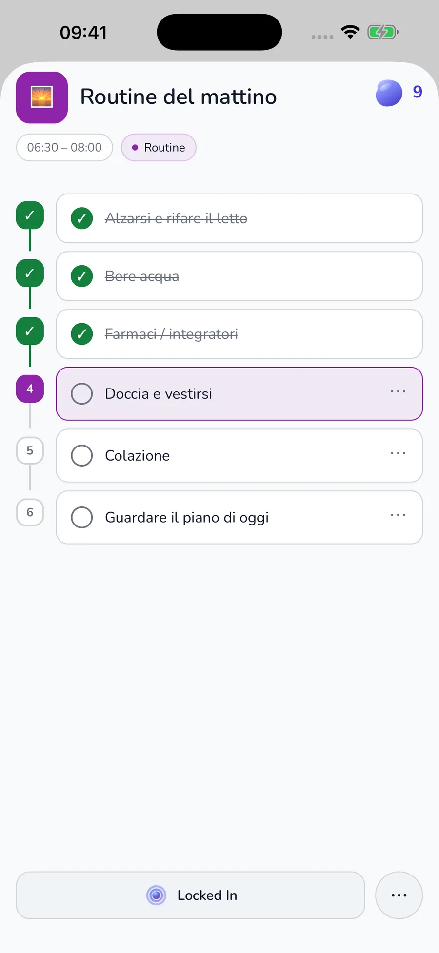 Vista di meinsystem.app con un sistema quotidiano organizzato
