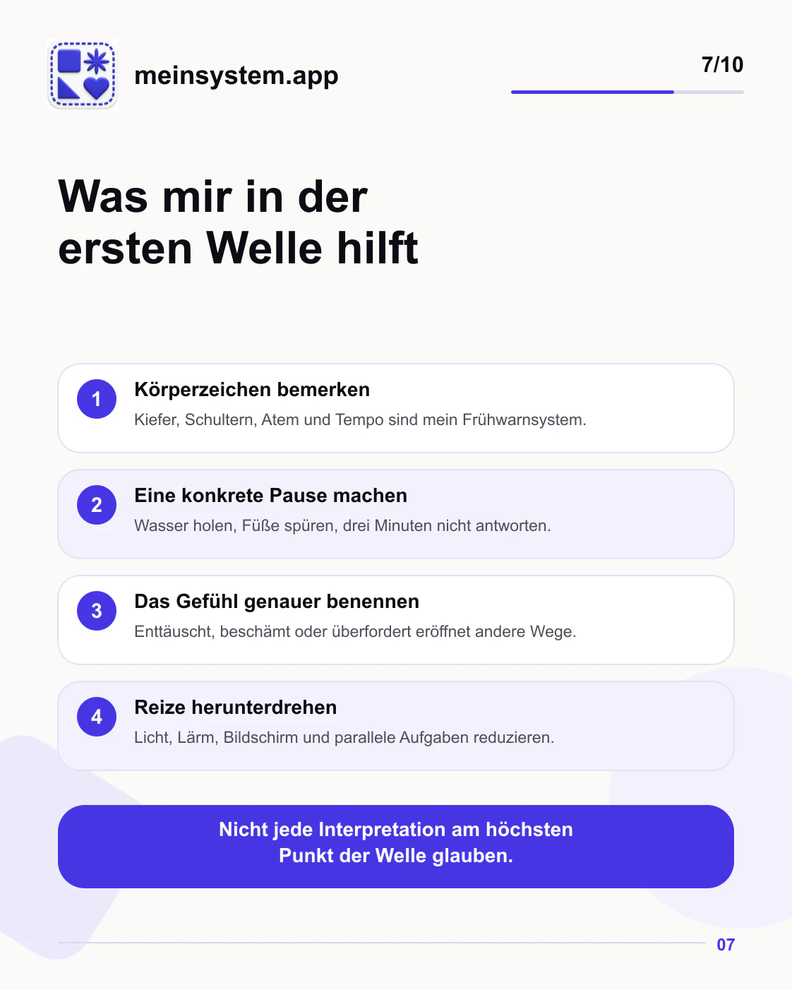 Vier Akutstrategien: Körperzeichen bemerken, Pause machen, Gefühl benennen und Reize reduzieren