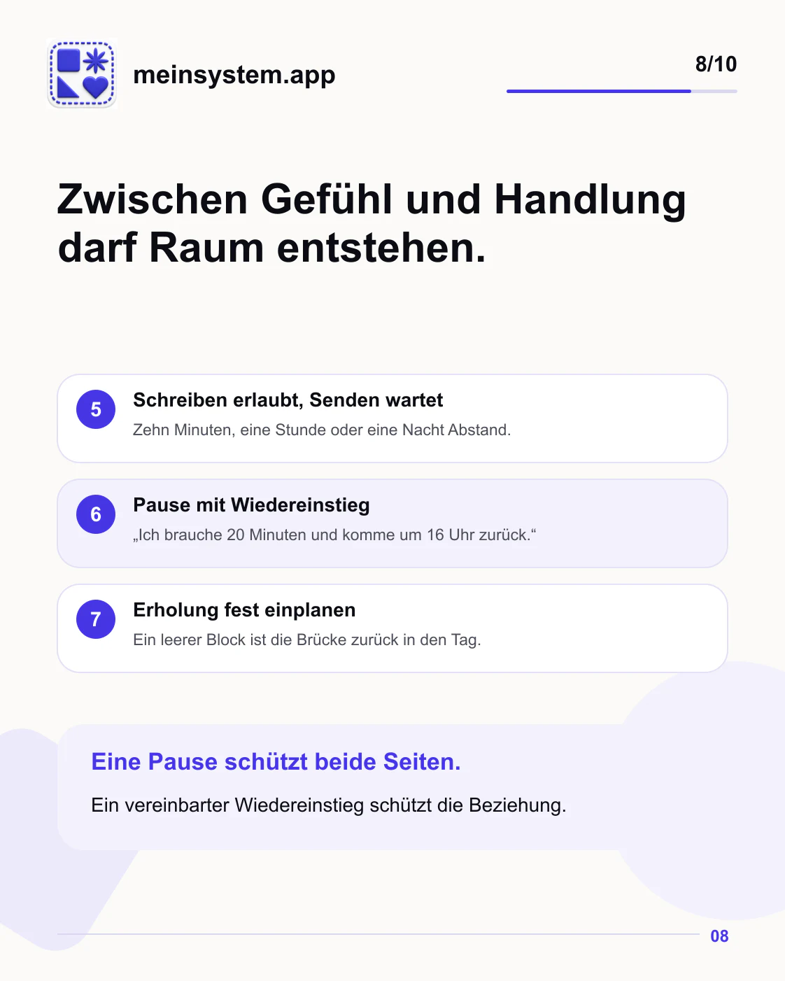 Zwischen Gefühl und Handlung Raum schaffen durch Sendepause, Wiedereinstieg und Erholung