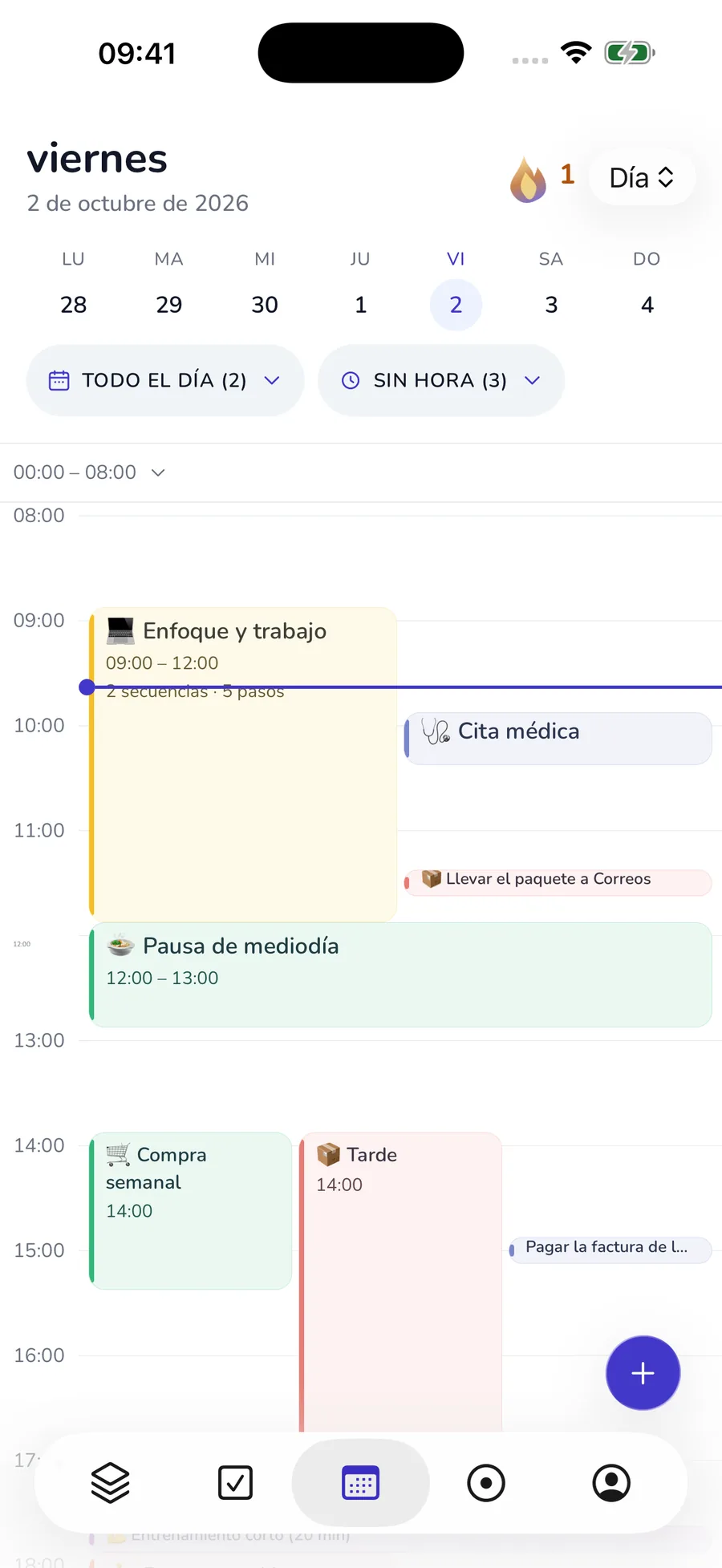 Vista diaria actual de la app nativa con calendario, tareas y rutinas