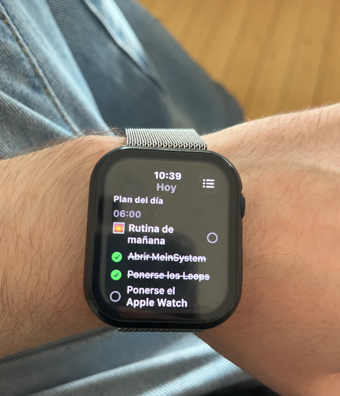 Cada paso de mi rutina de mañana en meinsystem en mi Apple Watch