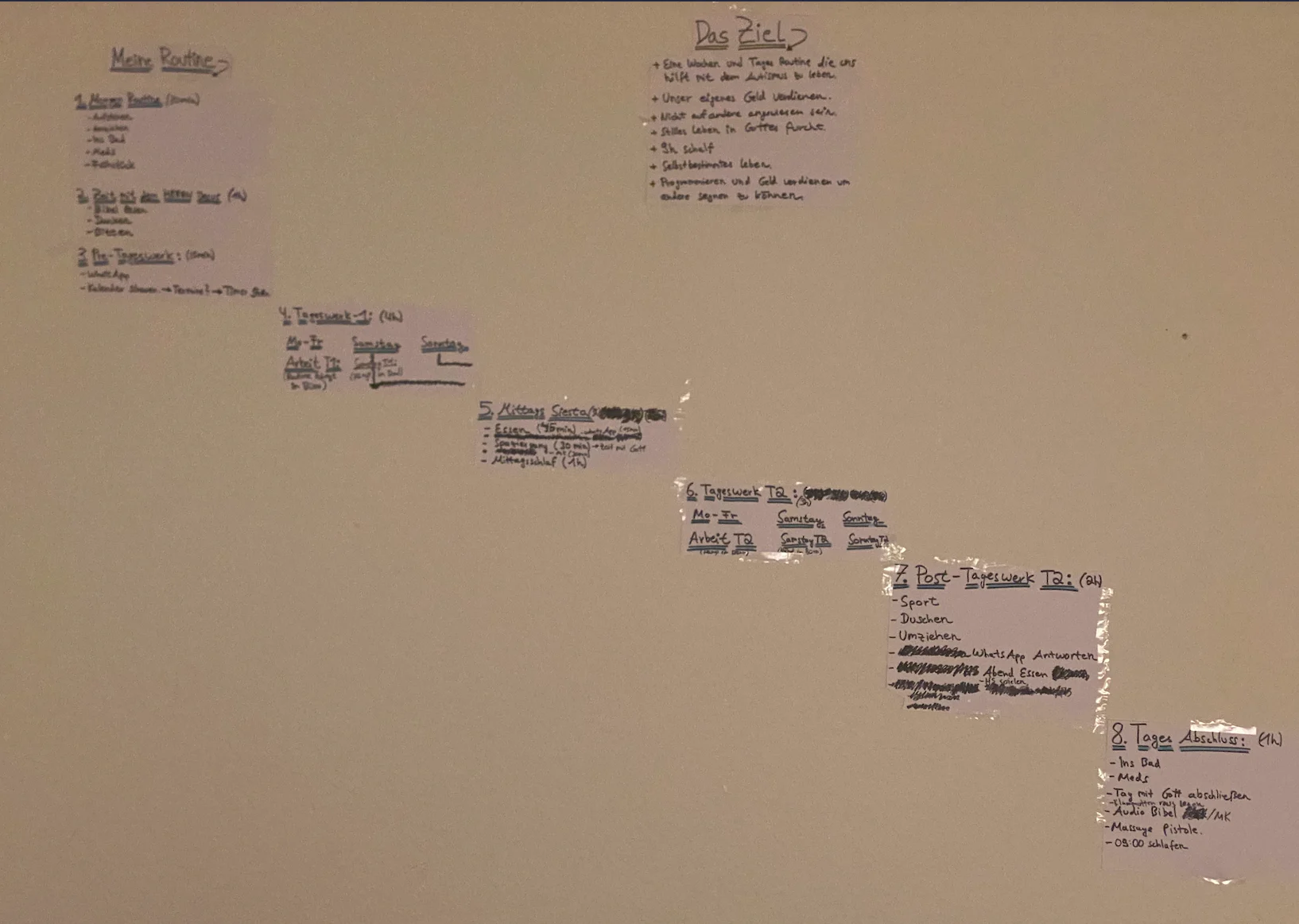 The first handwritten routines and goals on my wall