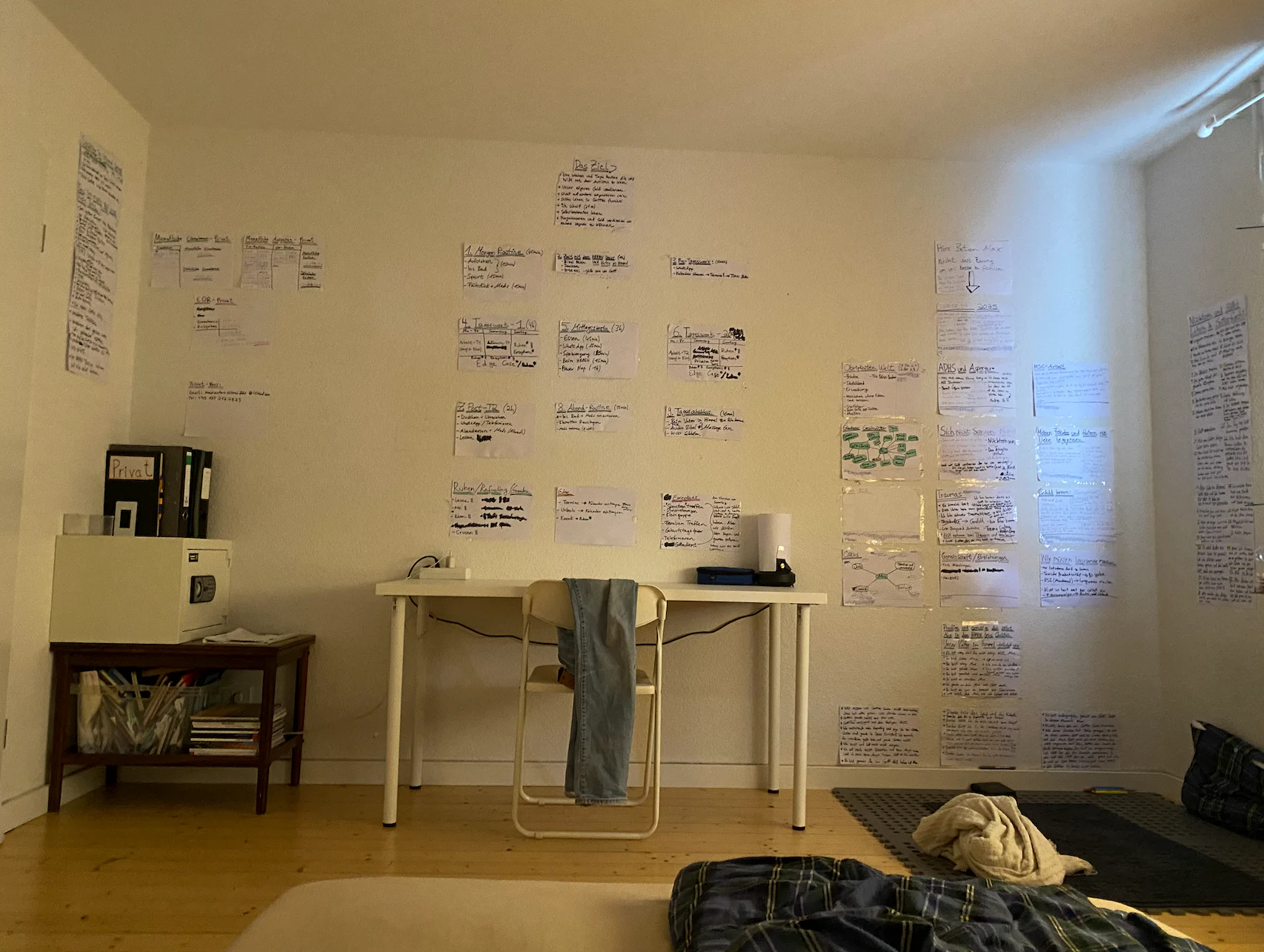 My room with an entire wall covered in handwritten plans and routines