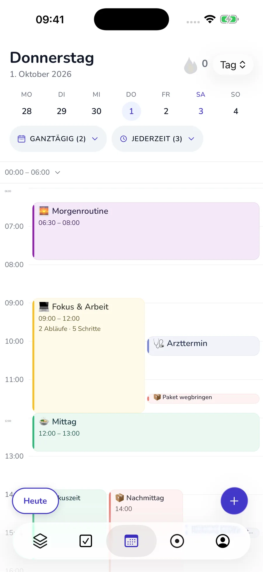 Aktuelle native Tagesansicht mit Kalender, Todos und Routinen