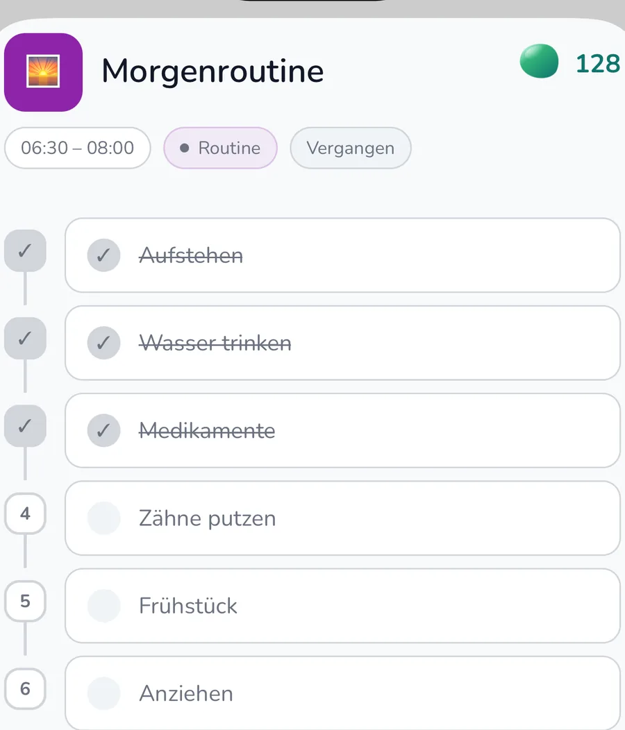 Aktuelle Morgenroutine mit einzelnen Schritten