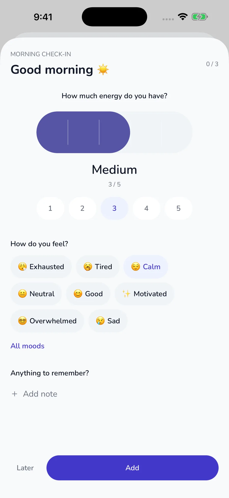 Native check-in for energy and mood