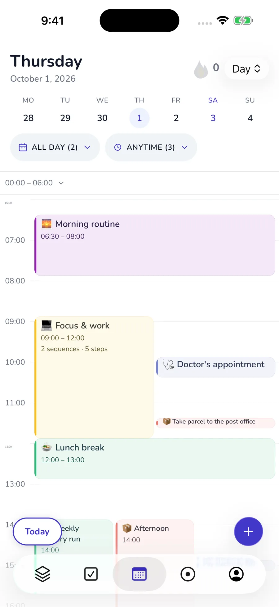 Current native Day view with calendar, todos and routines