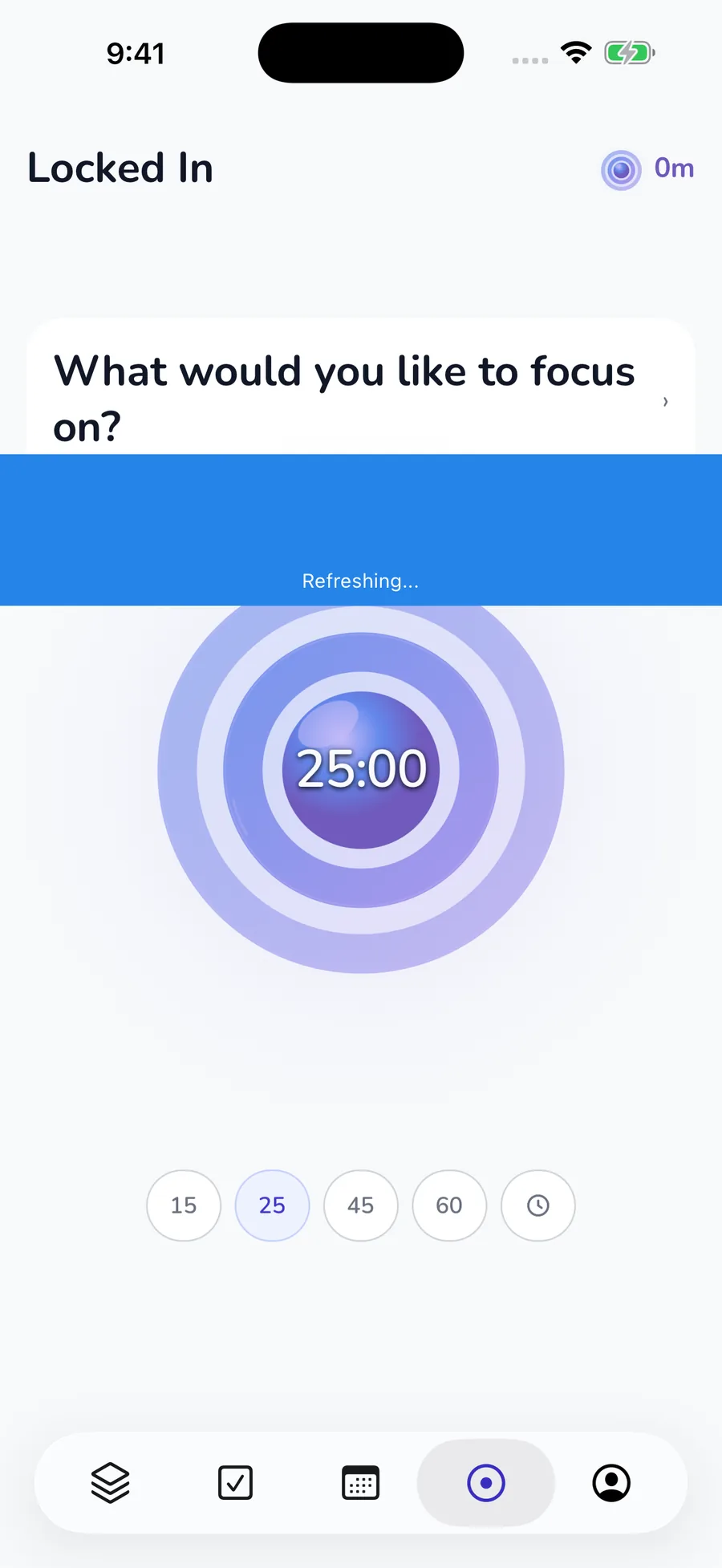 Current Locked In timer with a 25-minute preset