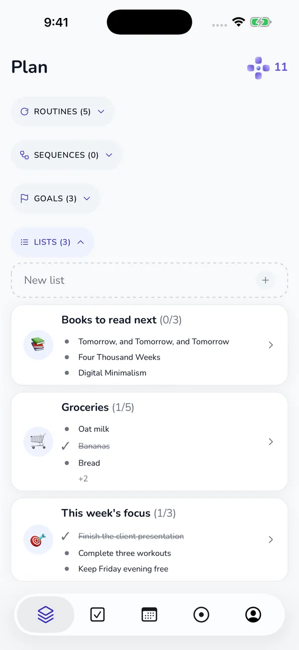 Current Planning tab with routines, sequences, goals and lists