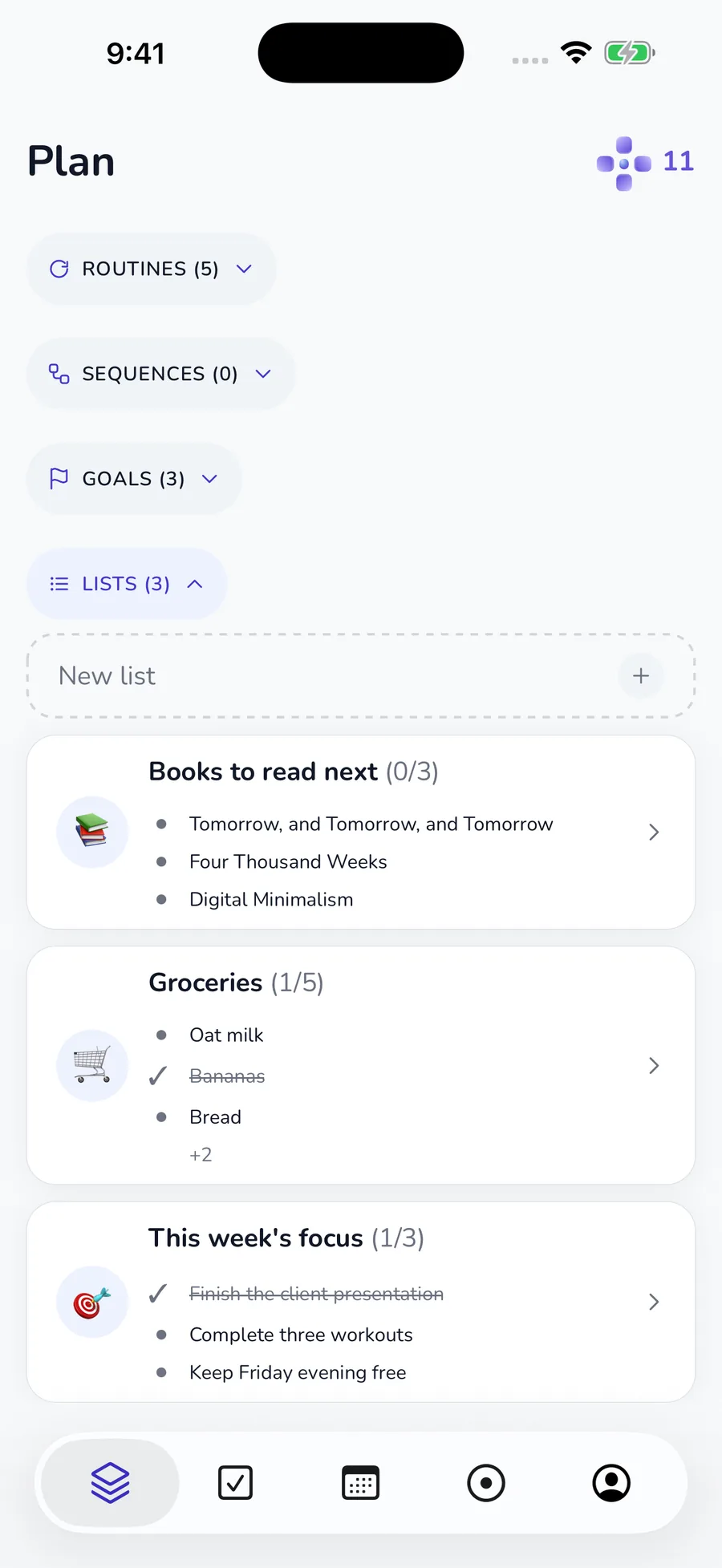 Current Planning tab with routines, sequences, goals and lists