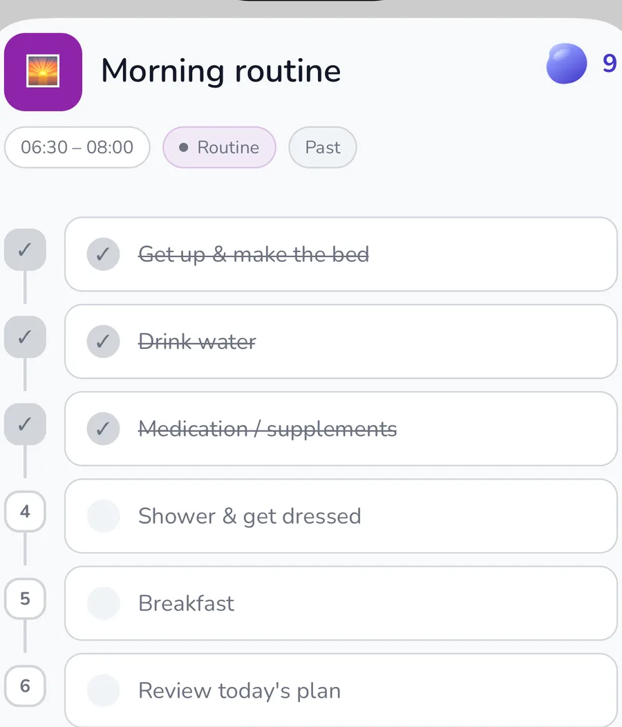 Current morning routine with individual steps