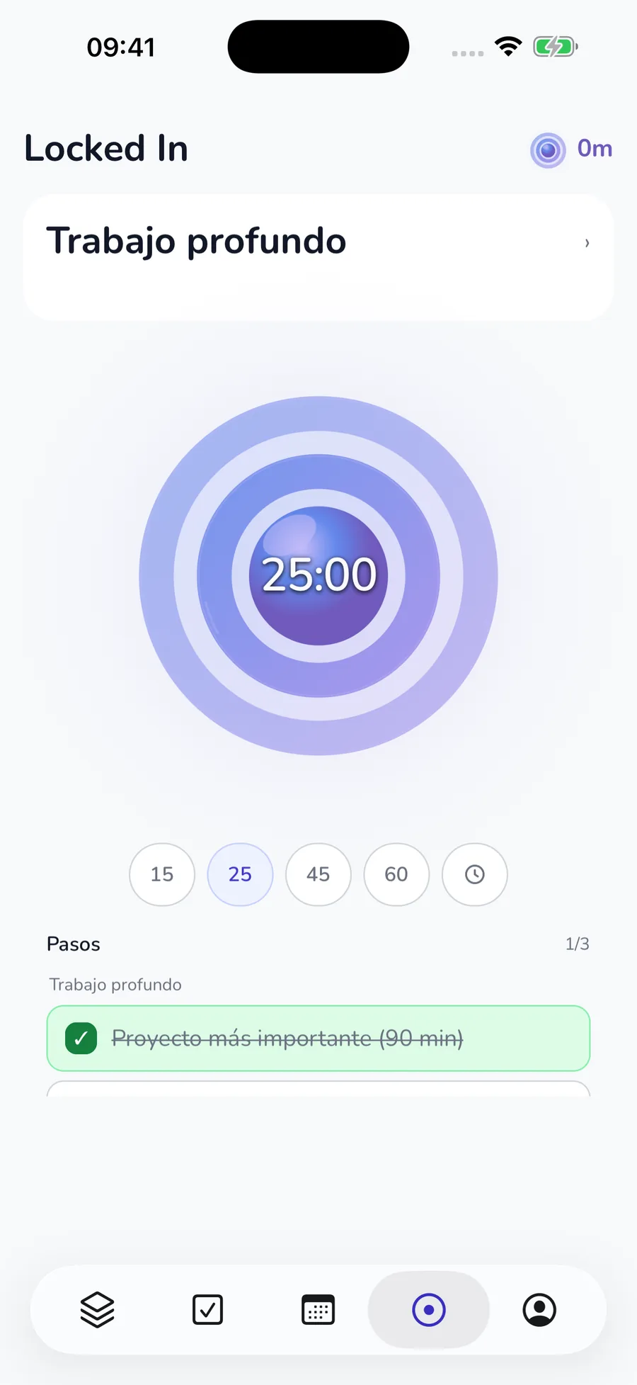 Temporizador LockedIN actual con 25 minutos como duración inicial