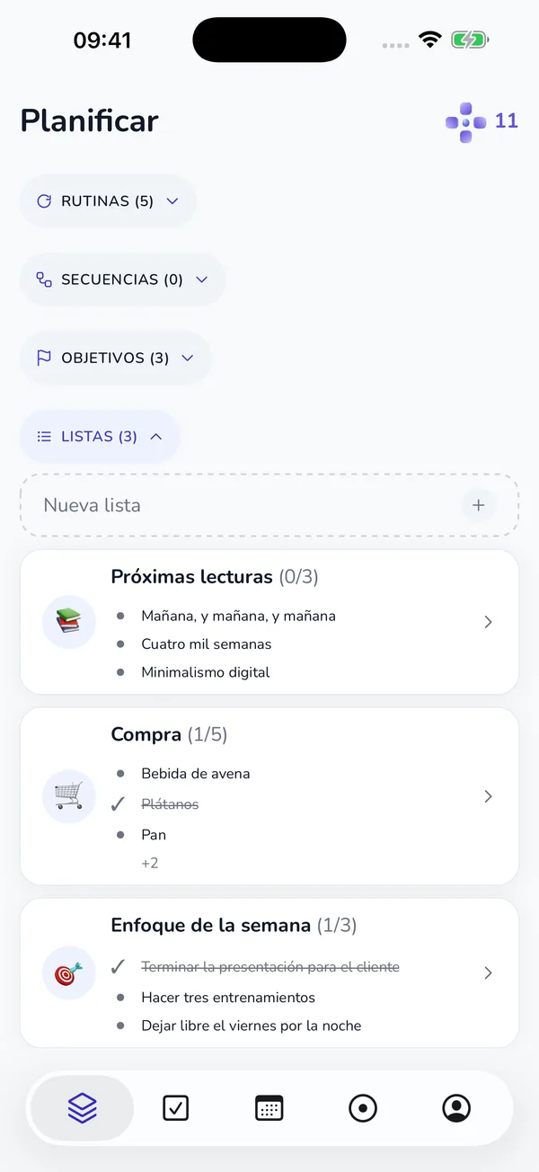 Pestaña Planificar actual con rutinas, secuencias, objetivos y listas