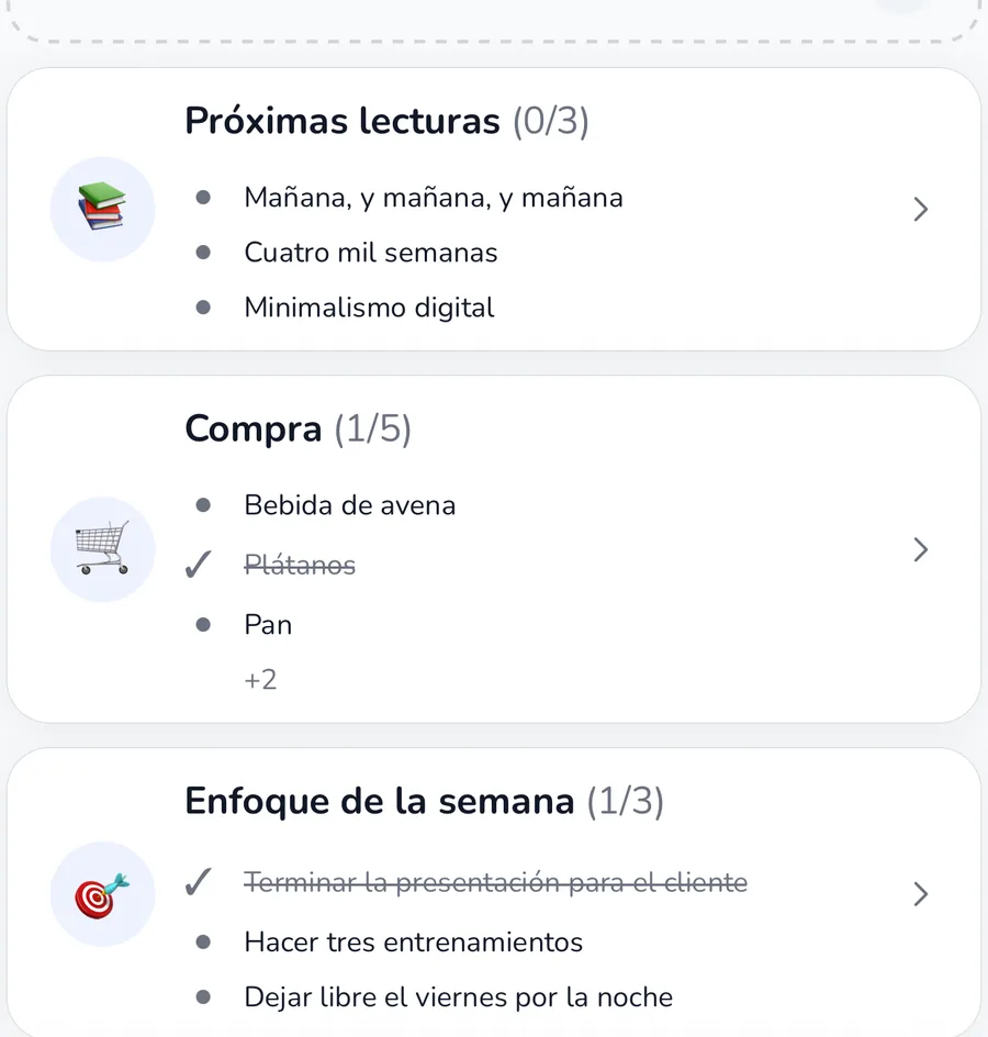 Pestaña Planificar actual con rutinas, secuencias, objetivos y listas