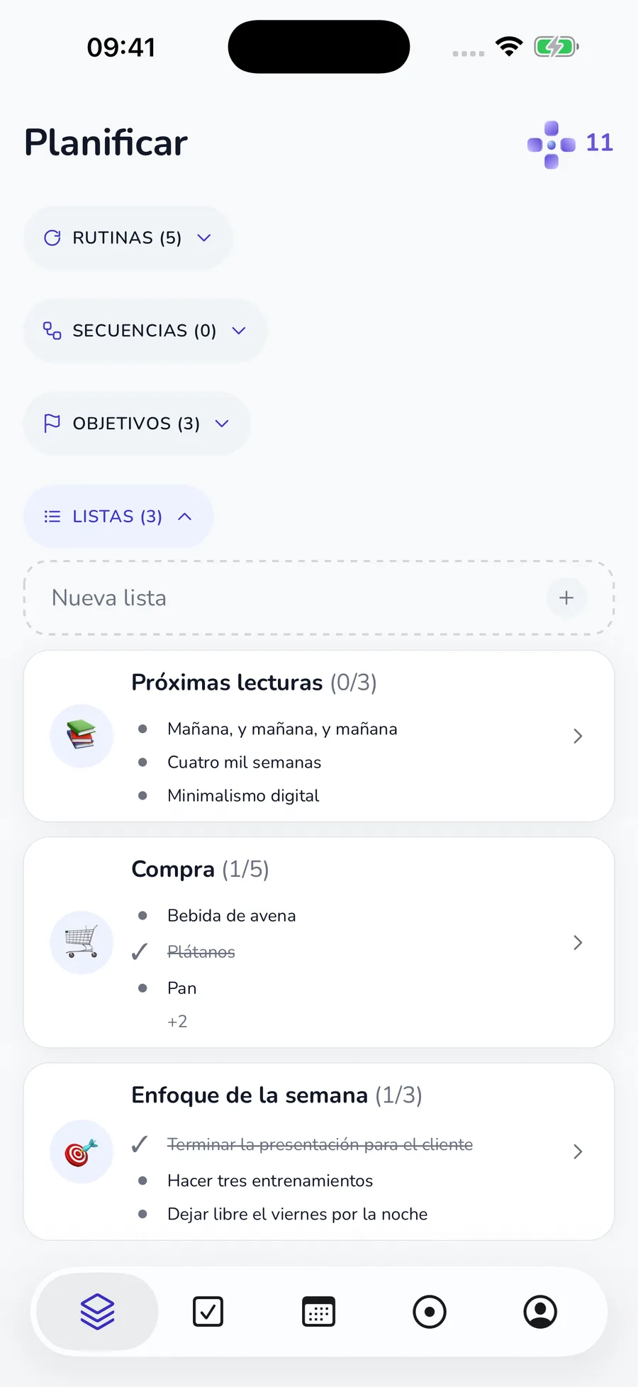 Pestaña Planificar actual con rutinas, secuencias, objetivos y listas