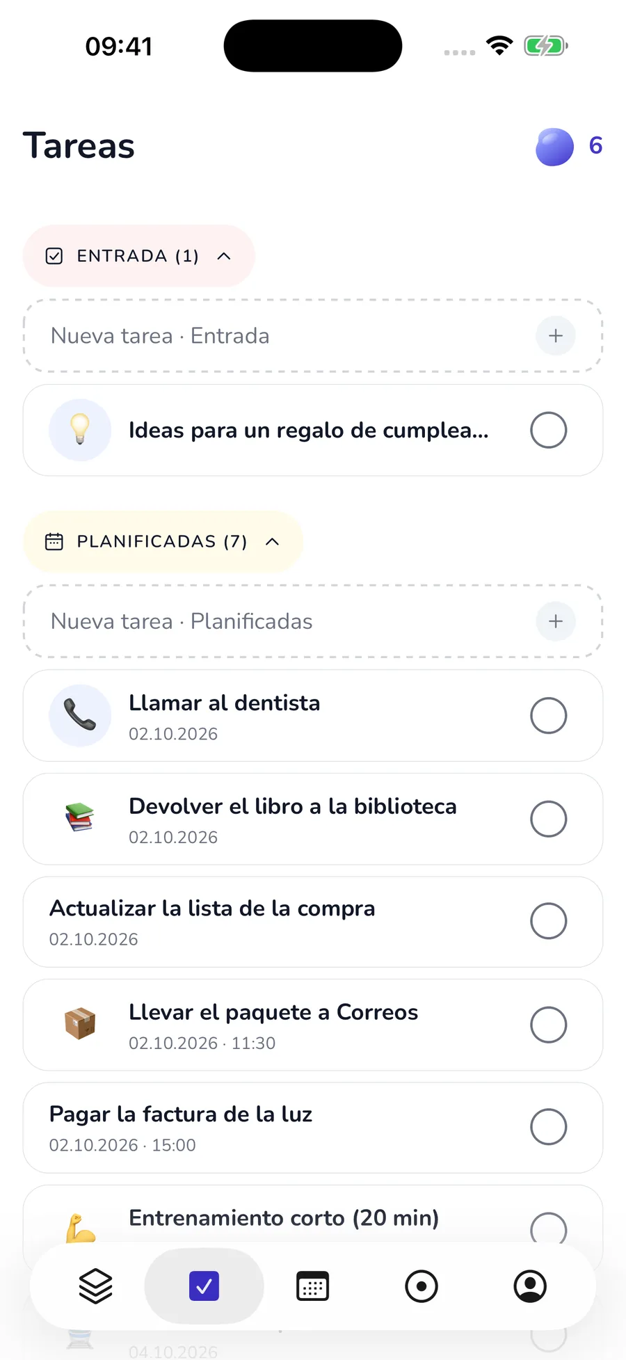 Vista general de tareas actual de la app nativa