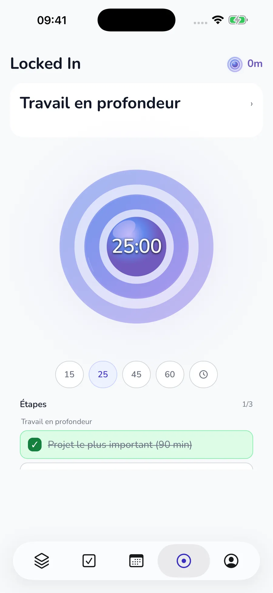 Minuteur Locked In actuel avec une durée initiale de 25 minutes