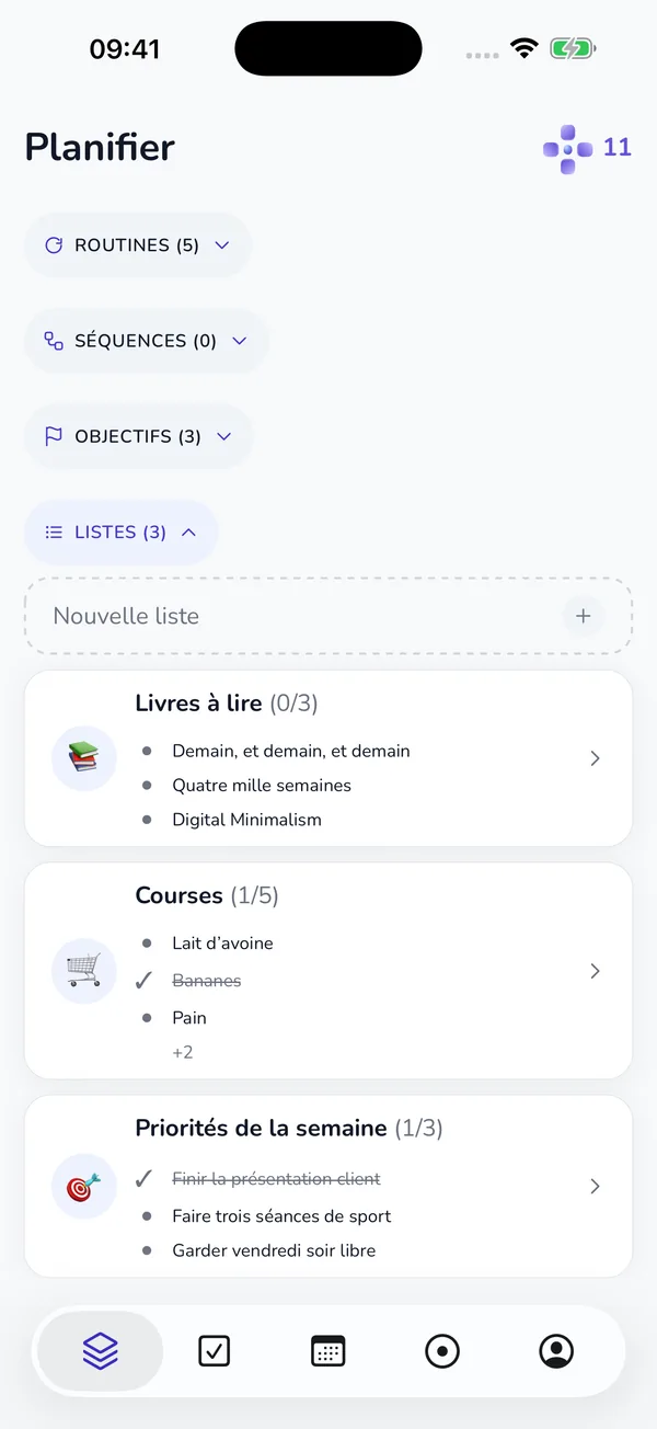 Onglet Planifier actuel avec routines, séquences, objectifs et listes