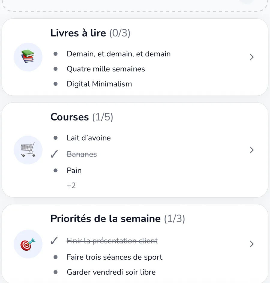 Onglet Planifier actuel avec routines, séquences, objectifs et listes