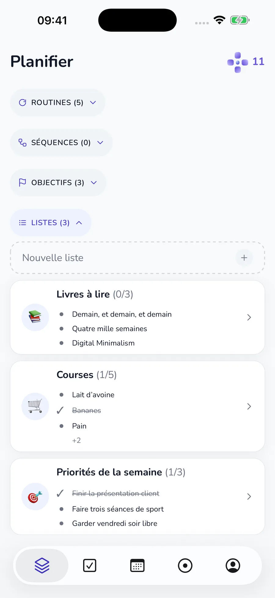 Onglet Planifier actuel avec routines, séquences, objectifs et listes
