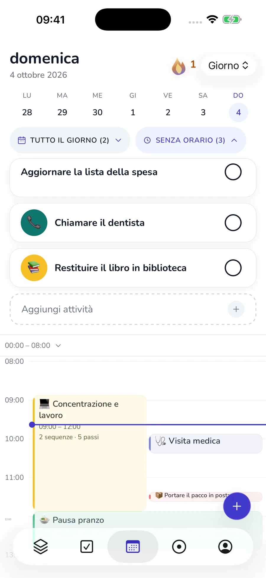 Vista giornaliera nativa attuale con calendario, attività e routine