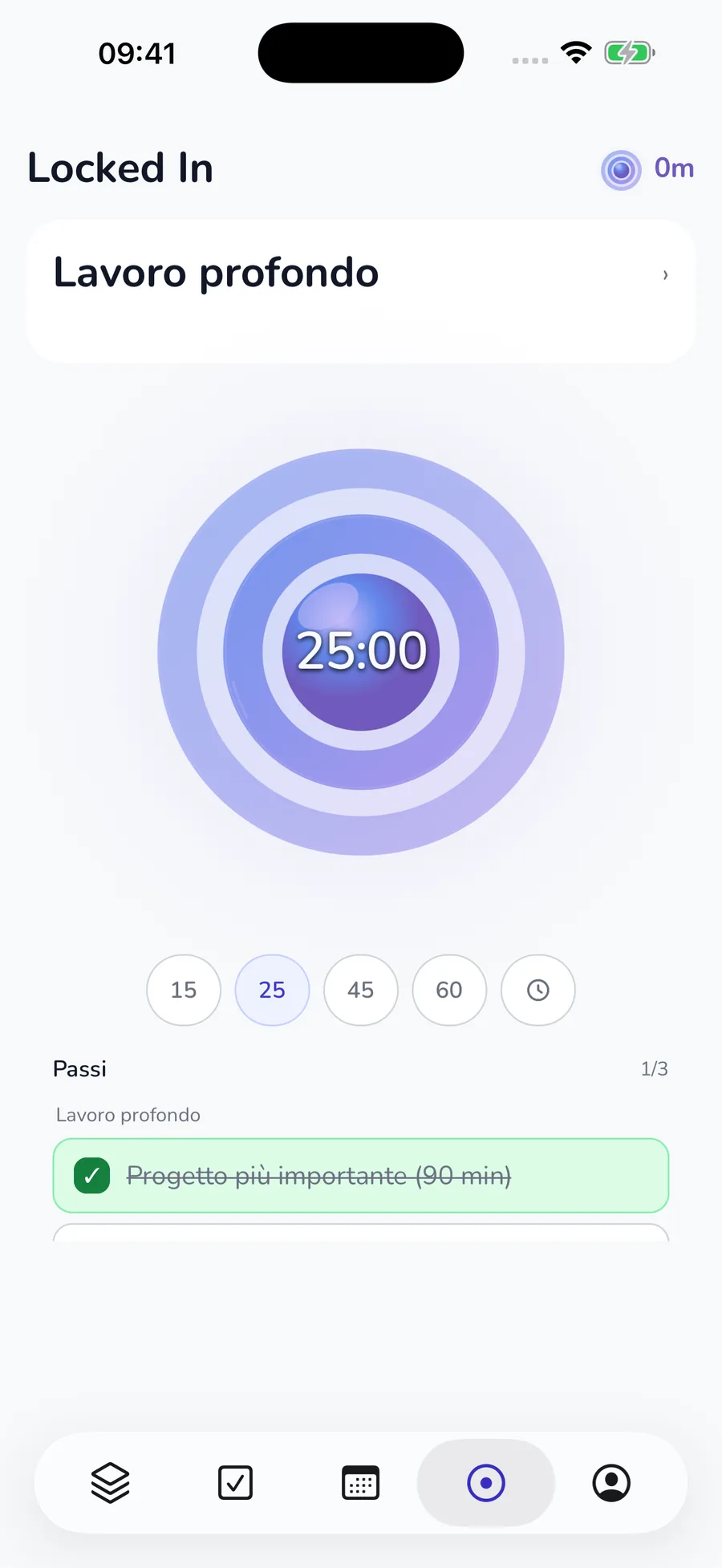 Timer Locked In attuale con 25 minuti come valore iniziale