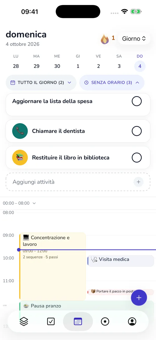 Vista giornaliera nativa attuale con calendario, attività e routine