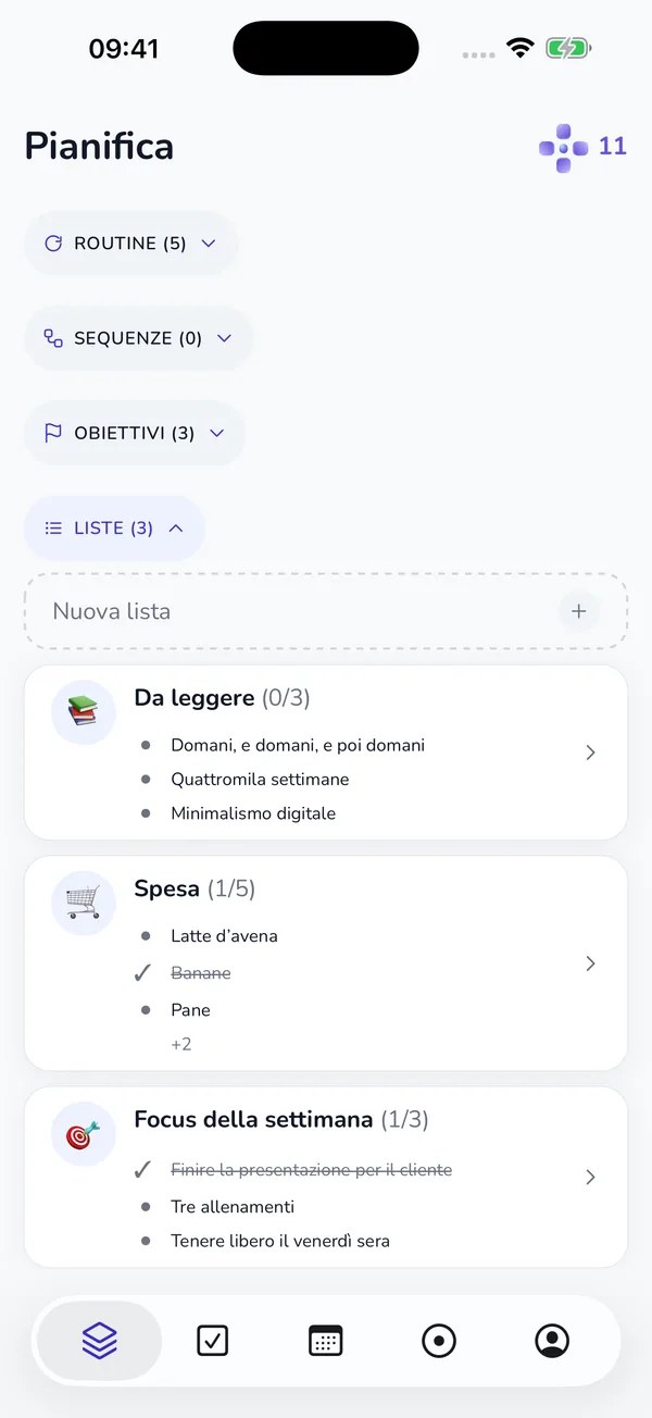 Scheda Pianifica attuale con routine, sequenze, obiettivi e liste