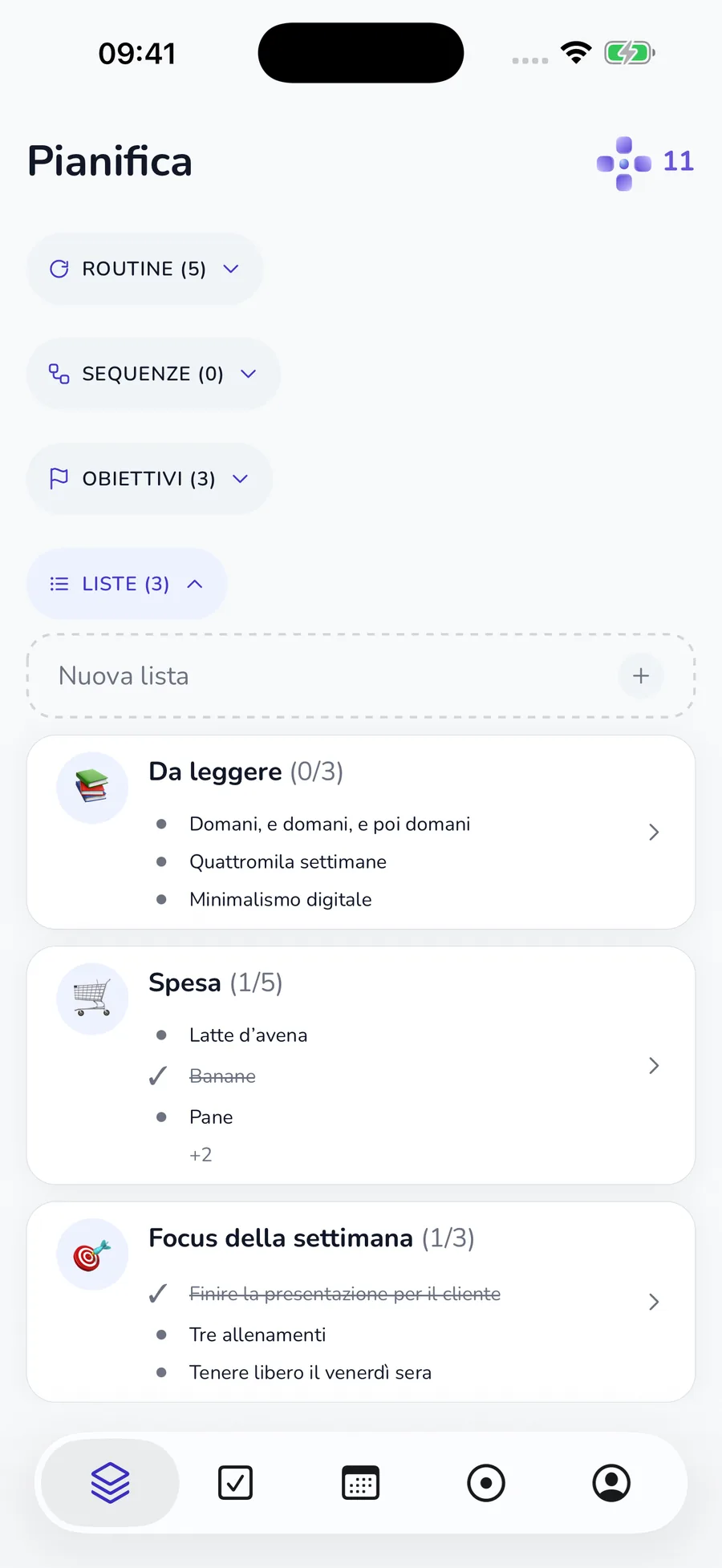 Scheda Pianifica attuale con routine, sequenze, obiettivi e liste