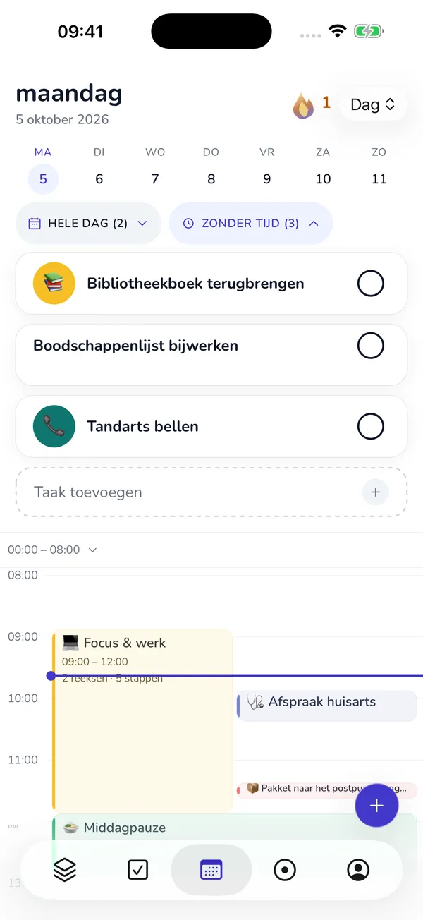 Actuele native dagweergave met agenda, taken en routines