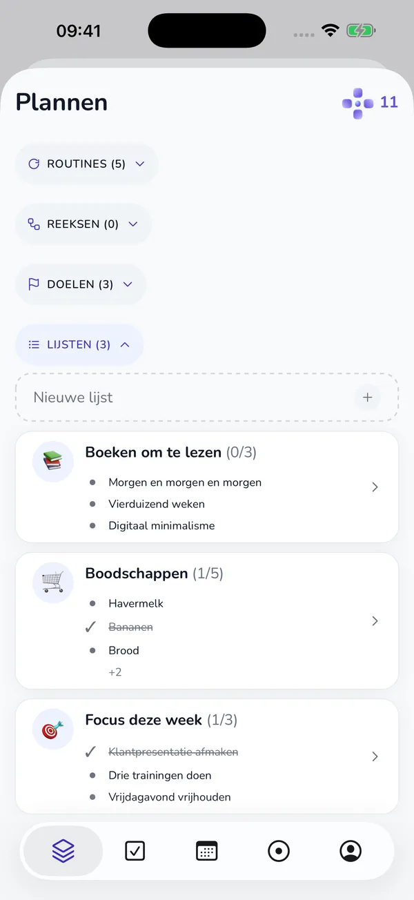 Actueel tabblad Plannen met routines, reeksen, doelen en lijsten