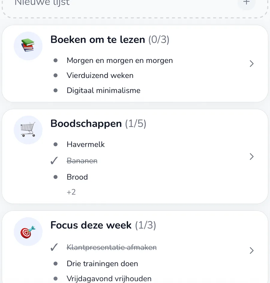 Actueel tabblad Plannen met routines, reeksen, doelen en lijsten