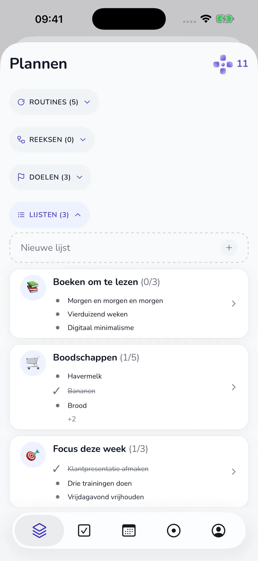 Actueel tabblad Plannen met routines, reeksen, doelen en lijsten