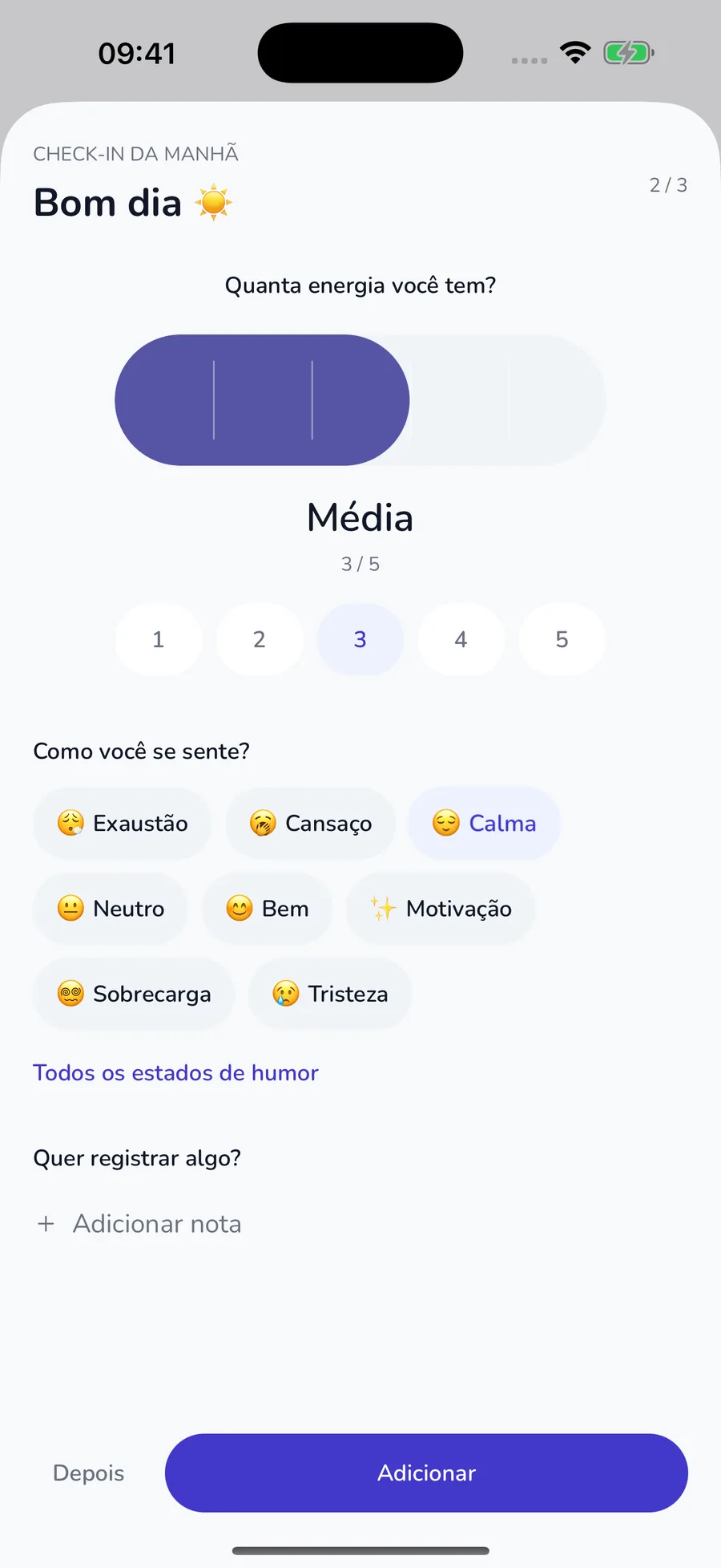 Check-in nativo para energia e humor