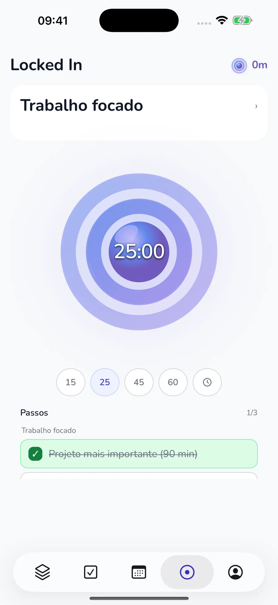 Temporizador Locked In atual com duração inicial de 25 minutos