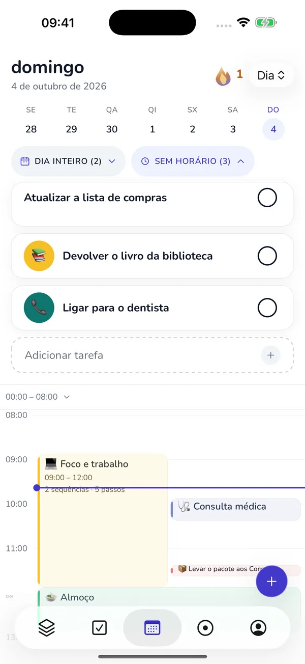 Visualização do dia nativo atual com calendário, tarefas e rotinas