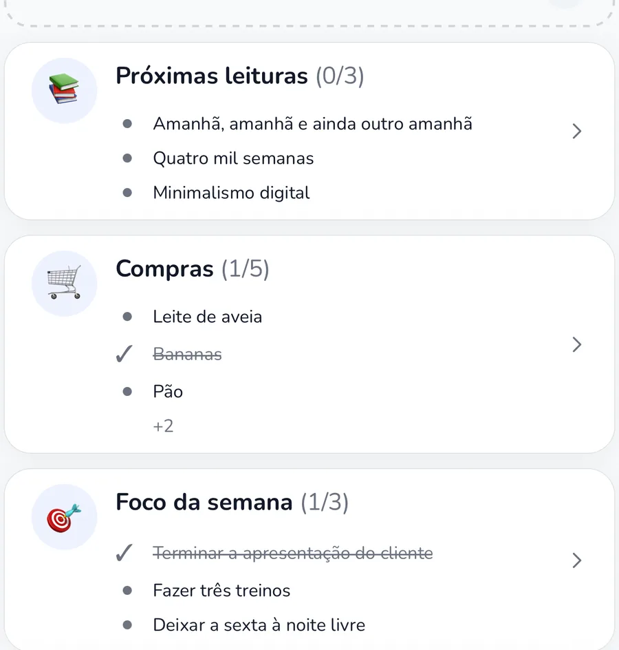 Aba de planejamento atual com rotinas, processos, metas e listas