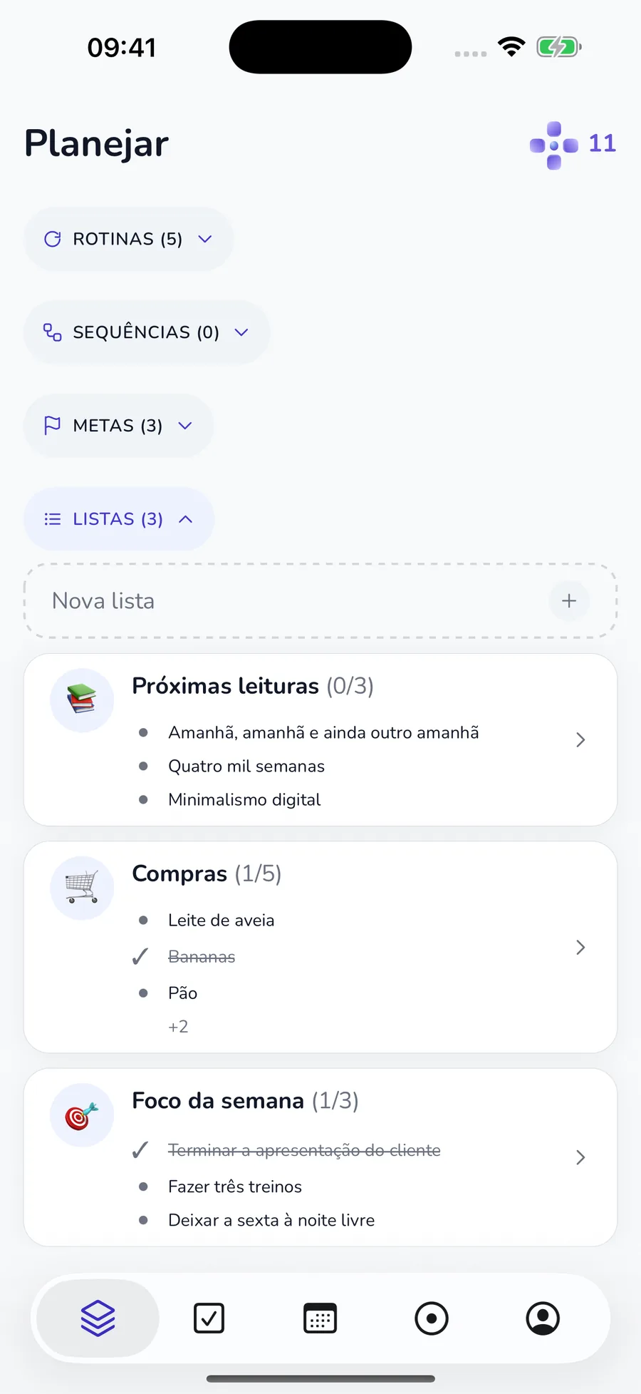 Aba de planejamento atual com rotinas, processos, metas e listas