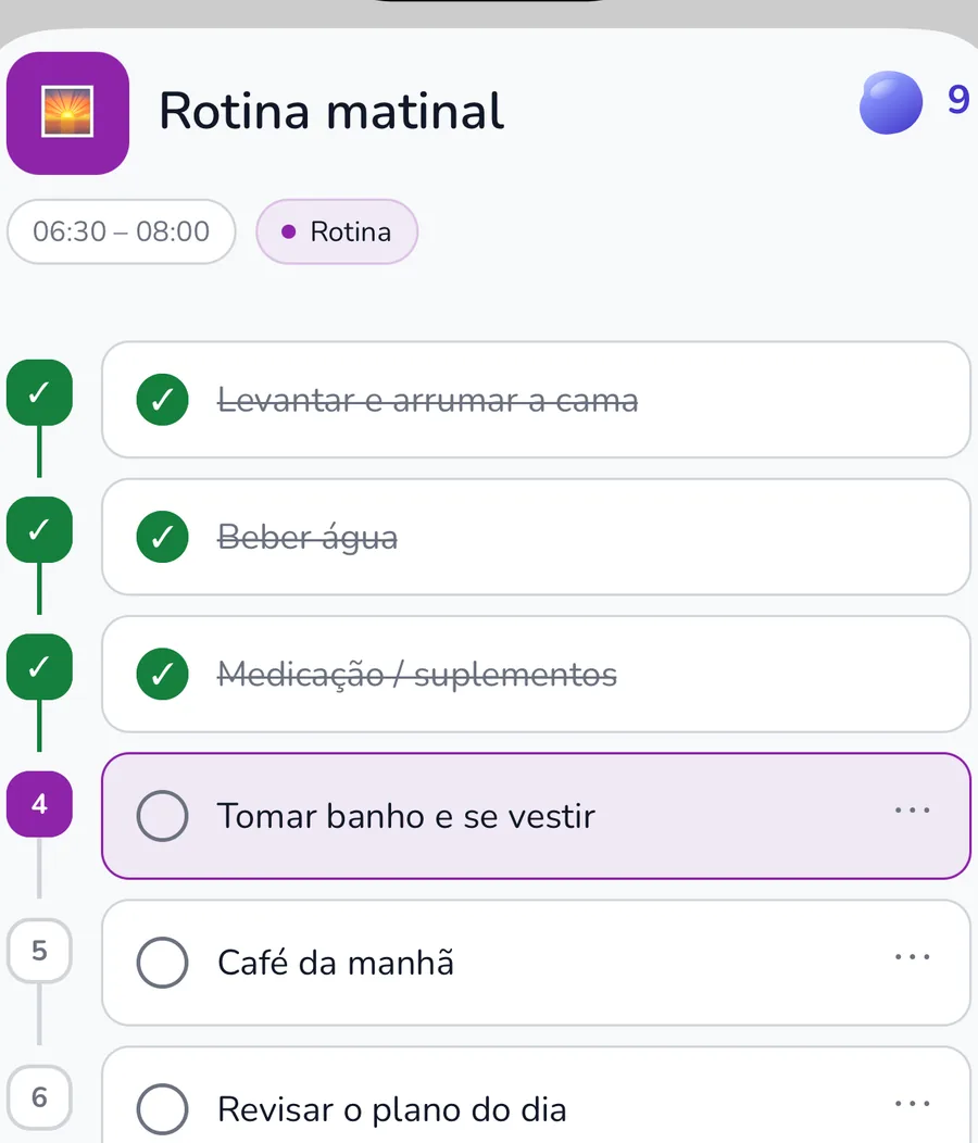 Rotina matinal atual com etapas individuais