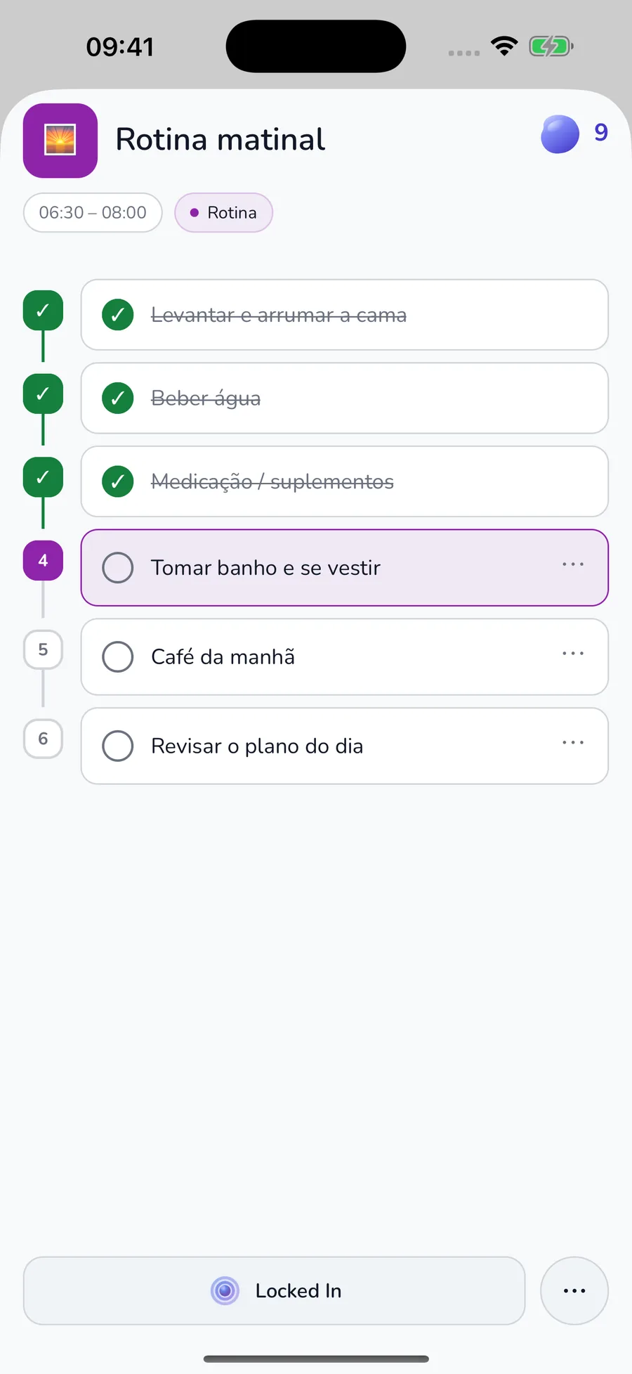 Rotina com etapas individuais em meinsystem.app